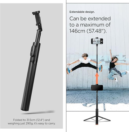 Spigen Selfie Stick Automatic Tripod Stand with Bluetooth Remote Control Shutter 57" Extendable Compatible with MagSafe iPhone 17/16/15/14/13/12 Pixelsnap Pixel 10 Series & More - Black (S541W)