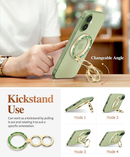GVIEWIN Magnetic Phone Ring Holder, Compatible with MagSafe Phone Grip with Adjustable Stand, Magnet Phone Ring Kickstand for iPhone 17/16/15/14/13/12 Pro Max Plus Air/Other Phones (Glitter/Green)