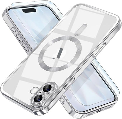 Misea Magnetic for iPhone 17 Case Compatible with MagSafe [Never Yellowing] [Military Grade Drop Protection] Full Camera Lens Protector Plating Soft Clear Phone Case for Women, Silver