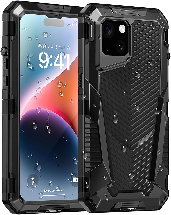 Beasyjoy for iPhone 14 Waterproof Case, Metal Heavy Duty Case with Built-in Temperd Glass Screen Protector, Military Grade Shockproof Full Body Protection, Rugged Phone Cover for iPhone 14, Black