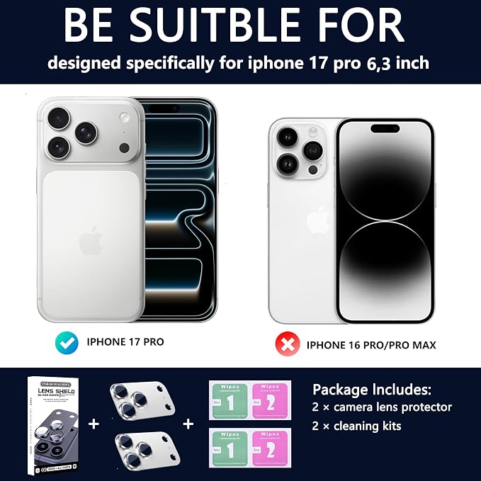 2 Pack Camera Lens Protector for iPhone 17 Pro,Metal AR Tempered Glass Rear Camera Screen Cover,Anti-Scratch,Strong Adsorption,Case Friendly, Easy to Install-Silver