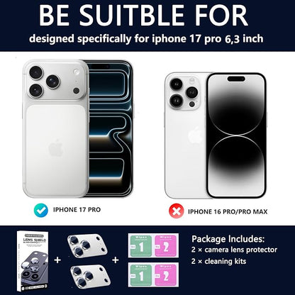 2 Pack Camera Lens Protector for iPhone 17 Pro,Metal AR Tempered Glass Rear Camera Screen Cover,Anti-Scratch,Strong Adsorption,Case Friendly, Easy to Install-Silver
