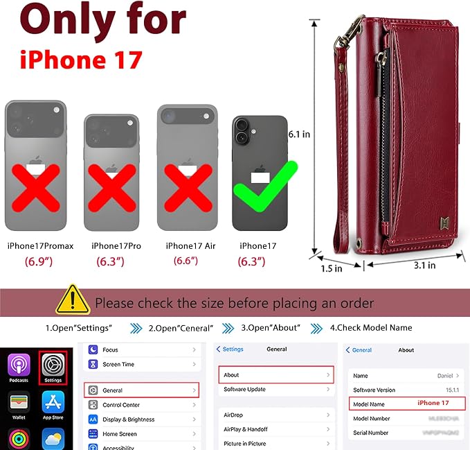 Wallet Case for iPhone 17 with Card Holder/Crossbody Wallet/Strap,[RFID Blocking][Magnetic] PU Leather Phone Case for iPhone 17,6.3 in,Wine Red
