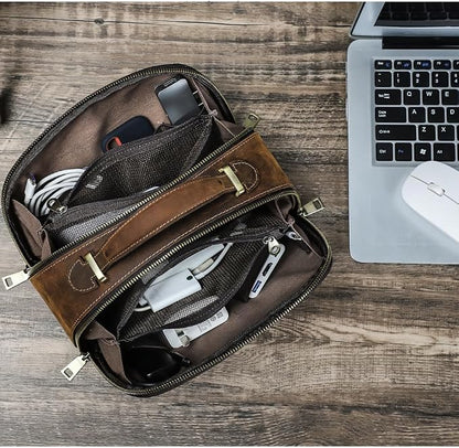 CONTACTS Full Grain Leather Tech Organizer Travel Case for Electronics Accessories Portable Cable Organizer Pouch with Handle, Storage Bag for Charger, Cables, Power Bank, Mouse