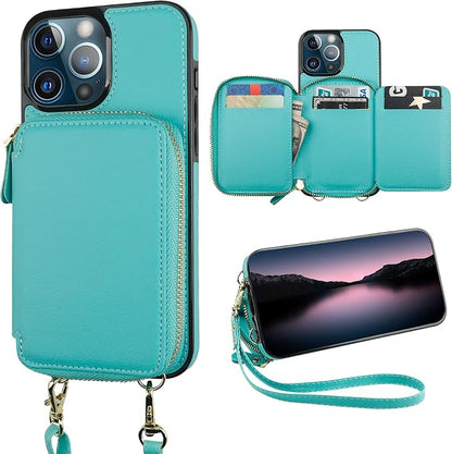 Bocasal RFID Blocking Wallet Case for iPhone 13 Pro Max, Adjustable Crossbody Zipper Purse Case Card Holder with Kickstand Detachable Wrist Strap, PU Leather Flip Folio Case 6.7 Inch 5G (Mint Green)
