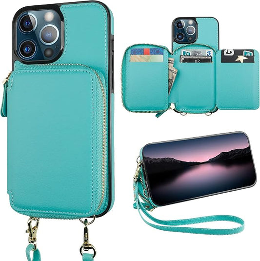 Bocasal RFID Blocking Wallet Case for iPhone 13 Pro Max, Adjustable Crossbody Zipper Purse Case Card Holder with Kickstand Detachable Wrist Strap, PU Leather Flip Folio Case 6.7 Inch 5G (Mint Green)