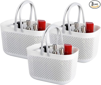 UUJOLY Plastic Storage Baskets with Handle Shower Caddy Organizer Bins for Home Bathroom Kitchen (3 Pack-White)