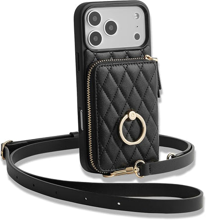 ZVE for iPhone 17 Pro Wallet Case for Women, PU Leather Crossbody Phone Cover with Card Holder 6.3 Inch-Black