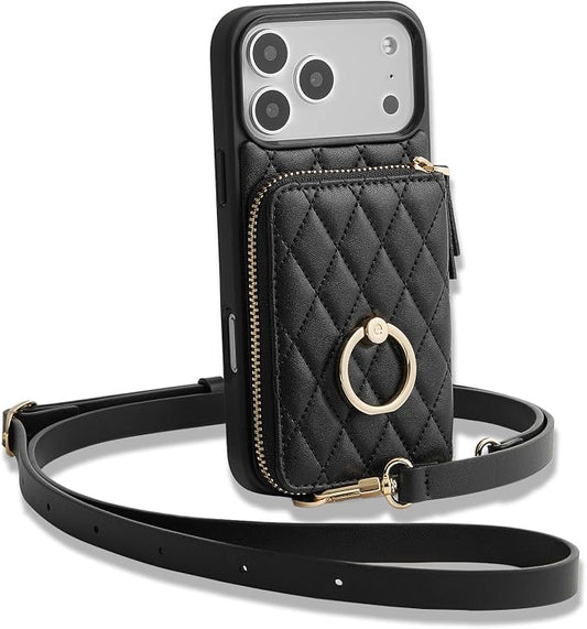 ZVE for iPhone 17 Pro Wallet Case for Women, PU Leather Crossbody Phone Cover with Card Holder 6.3 Inch-Black
