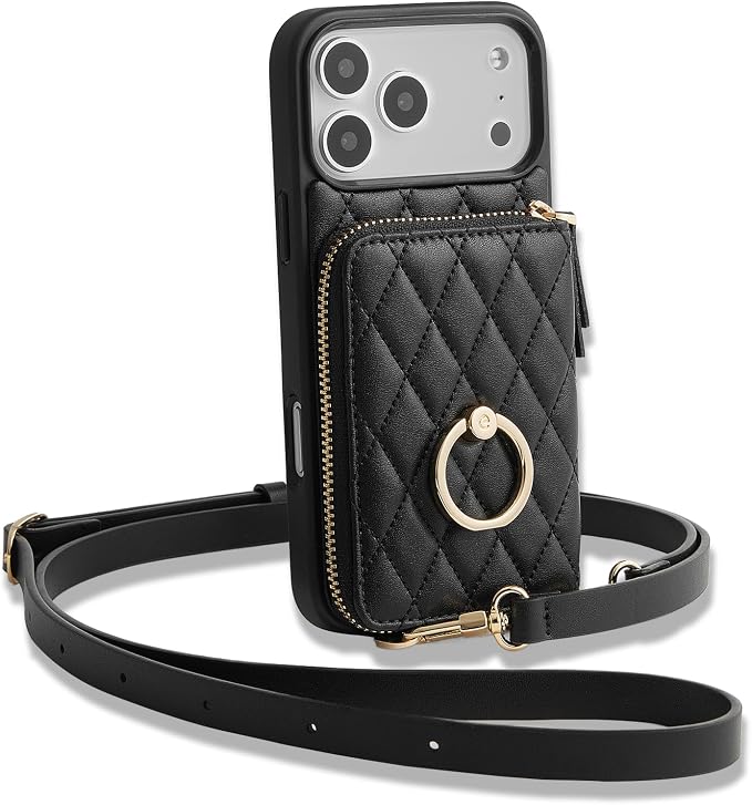 ZVE for iPhone 17 Pro Max Wallet Case for Women, Crossbody Purse with Wrist Strap Ring Holder Flip Cover 6.9 Inch-Black