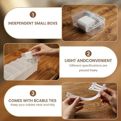 5 Individual Cable Organizer Boxes With Base, Cord Storage Organizer With Labels And Cable Straps For Charging Cables, Adapters, Earphones (5 pcs Individual Cable, 1 Pack)