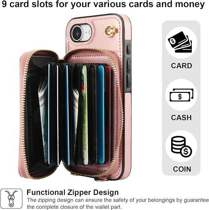 Bocasal Crossbody Wallet Case for iPhone 17e/16e, RFID Blocking Leather Purse Case with Card Holder, Protective Handbag Flip Cover with Zipper Wrist Strap Lanyard for Women 5G 6.1 Inch (Rose Gold)