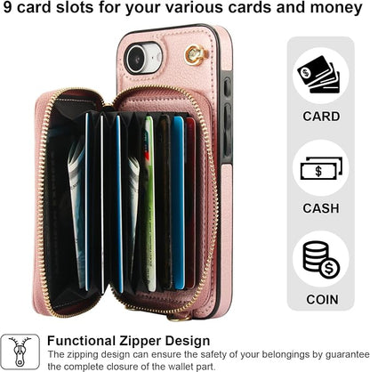 Bocasal Crossbody Wallet Case for iPhone 17e/16e, RFID Blocking Leather Purse Case with Card Holder, Protective Handbag Flip Cover with Zipper Wrist Strap Lanyard for Women 5G 6.1 Inch (Rose Gold)