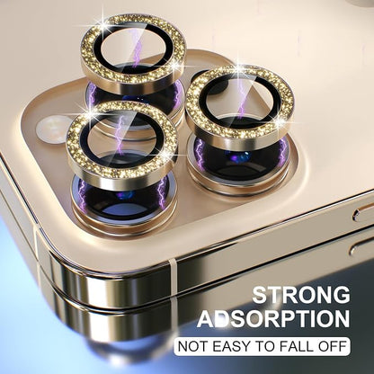 Choiche Compatible for iPhone 13 Pro/iPhone 13 Pro Max Camera Lens Protector Bling, 9H Tempered Glass Camera Cover Screen Protector Metal Ring Decoration Accessories (Glitter-Gold)