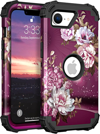 Hocase for iPhone 17e/iPhone 16e Case, Heavy Duty Shockproof Protection Hard Plastic+Silicone Rubber Hybrid Protective Phone Case for iPhone 17e/16e 6.1" - Royal Purple Flowers