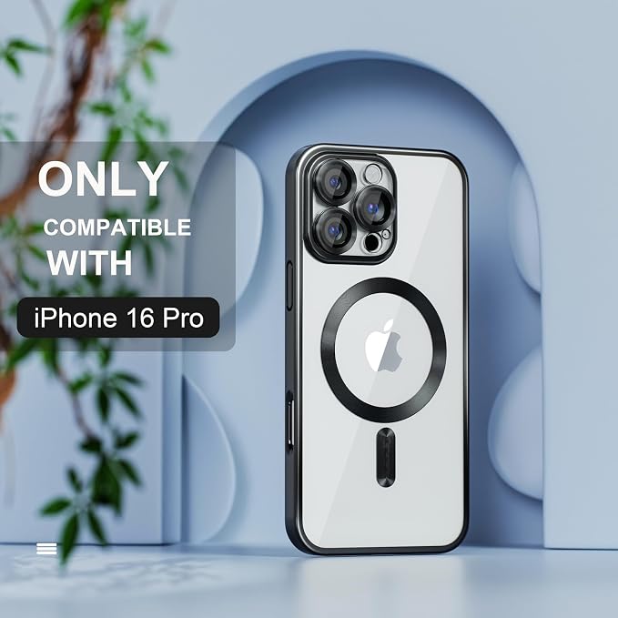Misea Magnetic for iPhone 16 Pro Case Compatible with MagSafe [Never Yellowing] [Military Grade Drop Protection] Full Camera Lens Protector Plating Soft Clear Phone Case for Women 6.3", Black