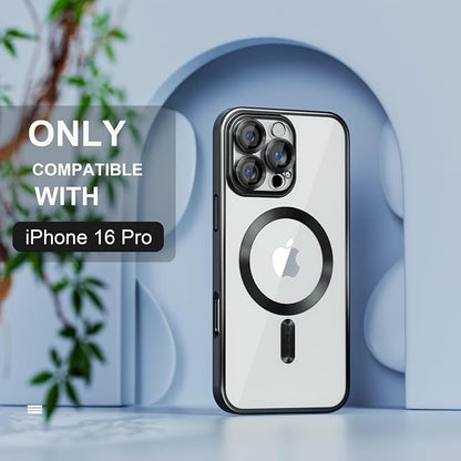 Misea Magnetic for iPhone 16 Pro Case Compatible with MagSafe [Never Yellowing] [Military Grade Drop Protection] Full Camera Lens Protector Plating Soft Clear Phone Case for Women 6.3", Black