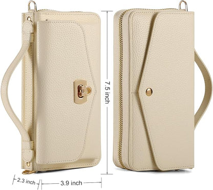 Crossbody Wallet Case for iPhone 16 Pro Max, Magnetic Detachable Floral PU Leather Phone Case with RFID Blocking Card Holder Wristlet Mirror Flip Zipper Shoulder Purse for Wome - White