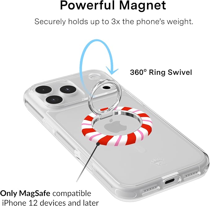VELVET CAVIAR Compatible with MagSafe Phone Grip 2.0 | Cute Magnetic Ring Holder | Finger Loop Kickstand | Pop On Accessory for iPhone 17, 16, 15, 14, 13, 12 | Christmas Peppermint Princess