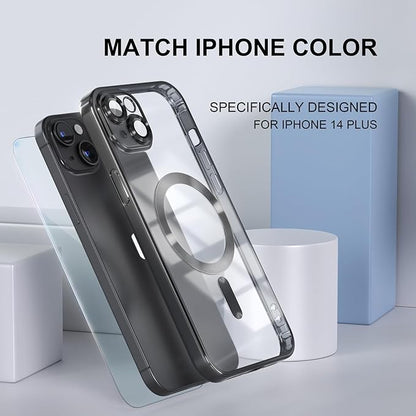 Misea Magnetic for iPhone 14 Plus Case Compatible with MagSafe [Never Yellowing] [Military Grade Drop Protection] Full Camera Lens Protector Plating Soft Clear Phone Case for Women Girls, Black
