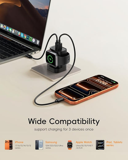 VRURC Charger for iPhone & Apple Watch, 20W USB C Fast Charging Block, 3-in-1 Compact Travel Adapter with 2 Port for iPhone 17/16/15/14/13, Wireless Magnetic for iWatch SE/11/10/9/8/7/6/5/4-Black
