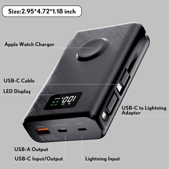 pzoz 20000mAh Portable Power Bank Powerbank with Apple Watch Magnetic Wireless Charger,USB Type C PD Fast Charging Cable Travel High Capacity Compatible iWatch iPhone 17 16 15 (Black)