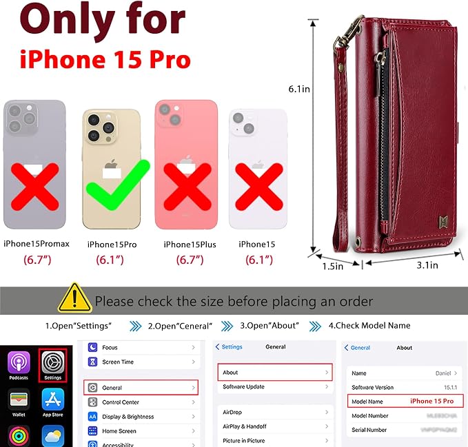 Wallet Case for iPhone 15 Pro with Card Holder/Crossbody Wallet/Strap| RFID Blocking | Magnetic | Kickstand | Detachable | PU Leather Phone Case for iPhone 15 Pro,6.1 in,Wine Red
