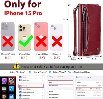 Wallet Case for iPhone 15 Pro with Card Holder/Crossbody Wallet/Strap| RFID Blocking | Magnetic | Kickstand | Detachable | PU Leather Phone Case for iPhone 15 Pro,6.1 in,Wine Red