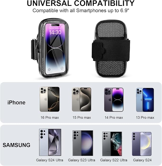 Phone Holder for Running, Armband for iPhone 16 15 14 13 Pro Max 12 11 Plus X Samsung Android Up to 6.9'', Universal Arm Bands Bag with Key Card Pocket for Exercise Walking Workout Fitness