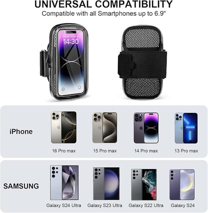 Phone Holder for Running, Armband for iPhone 16 15 14 13 Pro Max 12 11 Plus X Samsung Android Up to 6.9'', Universal Arm Bands Bag with Key Card Pocket for Exercise Walking Workout Fitness