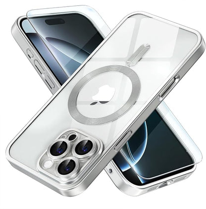 Misea Magnetic for iPhone 16 Pro Case Compatible with MagSafe [Never Yellowing] [Military Grade Drop Protection] Full Camera Lens Protector Plating Soft Clear Phone Case for Women, Titanium Silver