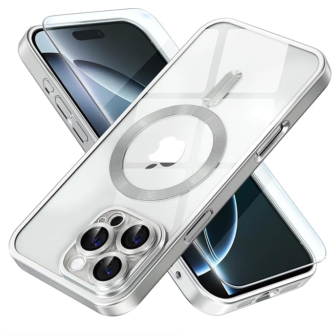 Misea Magnetic for iPhone 16 Pro Max Case Compatible with MagSafe [Never Yellowing] [Military Grade Drop Protection] Full Camera Lens Protector Plating Soft Clear Phone Case for Women, Titanium Silver