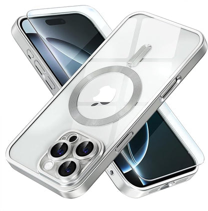 Misea Magnetic for iPhone 16 Pro Max Case Compatible with MagSafe [Never Yellowing] [Military Grade Drop Protection] Full Camera Lens Protector Plating Soft Clear Phone Case for Women, Titanium Silver