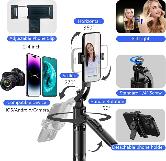 Auto Face Tracking Selfie Stick Tripod for iPhone with Light 360 Rotation 63" Phone Camera Tripod Stand Follows Your Movement with Remote for Content Creator Vlog Live Stream Video Recording