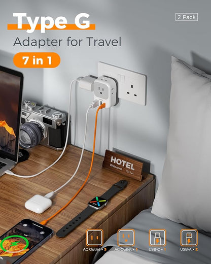 TESSAN UK Adapters for Travel, Type G Adaptor, 2 Pack | 4 Outlets 3 USB (1 USB C PD 20W), USA to Ireland Scotland Dubai Hong Kong England British Kenya London