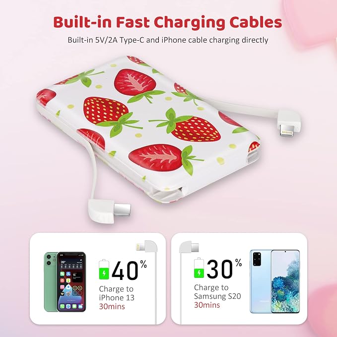 Sethruki Cute Portable Charger 5000mAh Ultra Slim USB C Power Bank for Girls Mini Fast Charging Small Battery Pack with Built in Cables for iPhone iPad Samsung Pixel Android Phones,Strawberry