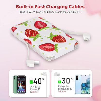 Sethruki Cute Portable Charger 5000mAh Ultra Slim USB C Power Bank for Girls Mini Fast Charging Small Battery Pack with Built in Cables for iPhone iPad Samsung Pixel Android Phones,Strawberry