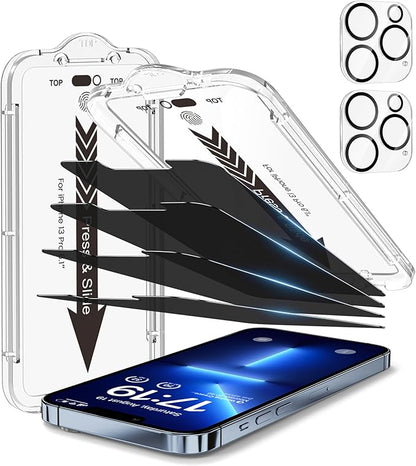 EZ-GLAZ- 4 Pack for iPhone 13 Pro Privacy Screen Protector[6.1"] With 2 Pack Camera Lens Protector, [Drop Protection] 9H Hardness Full Coverage Anti-Spy Tempered Glass Film, Easy to install