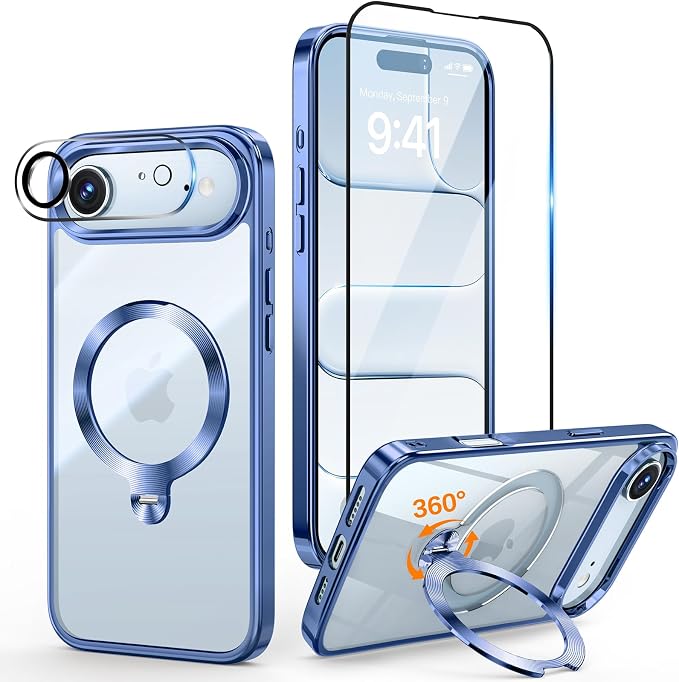 [Tri-Shield Protection] for iPhone Air Case with 360° Spin Stand Compatible with MagSafe [Magnetic CD Ring] [Screen & Camera Lens Protector] Shockproof Plating Never-Yellowing, Blue-6.5"