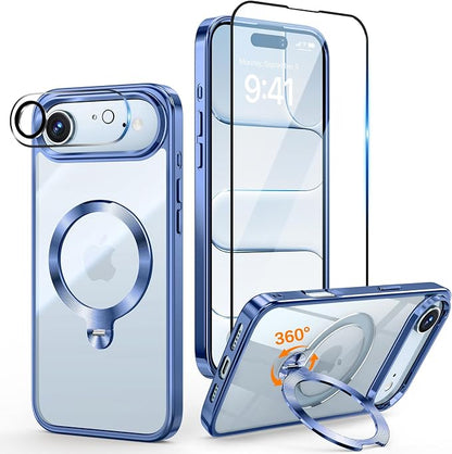 [Tri-Shield Protection] for iPhone Air Case with 360° Spin Stand Compatible with MagSafe [Magnetic CD Ring] [Screen & Camera Lens Protector] Shockproof Plating Never-Yellowing, Blue-6.5"