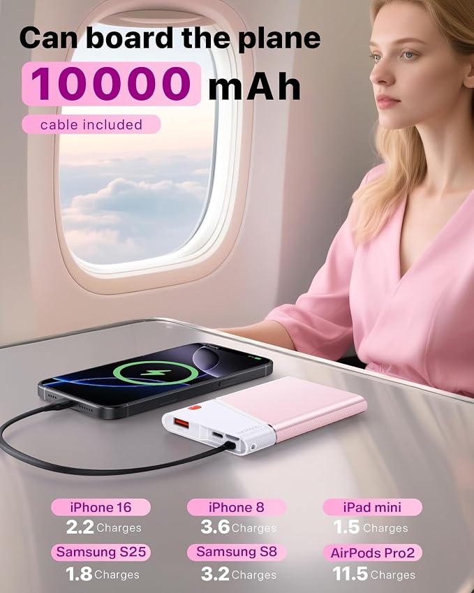 Aaoyun Portable Charger Power Bank, 10000mAh 22.5W PD Fast Charging Powerbank with Built-in USB C Cable, Slim External Phone Battery Pack for iPhone 17/16/15 Samsung S24 Android etc (Pink)