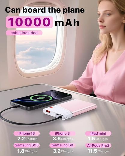 Aaoyun Portable Charger Power Bank, 10000mAh 22.5W PD Fast Charging Powerbank with Built-in USB C Cable, Slim External Phone Battery Pack for iPhone 17/16/15 Samsung S24 Android etc (Pink)
