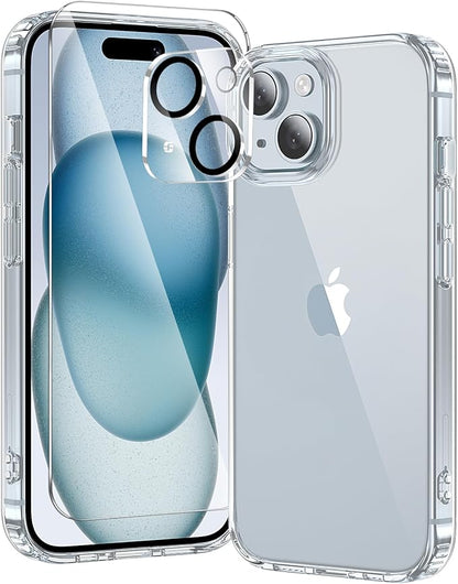 3 in 1 for iPhone 15 Plus Case Clear,[Yellowing-Resistant Acrylic Back] Screen Protector *1 & Camera Lens Protector*1, Shockproof for iPhone 15 Plus Phone Case 6.7 inch Clear