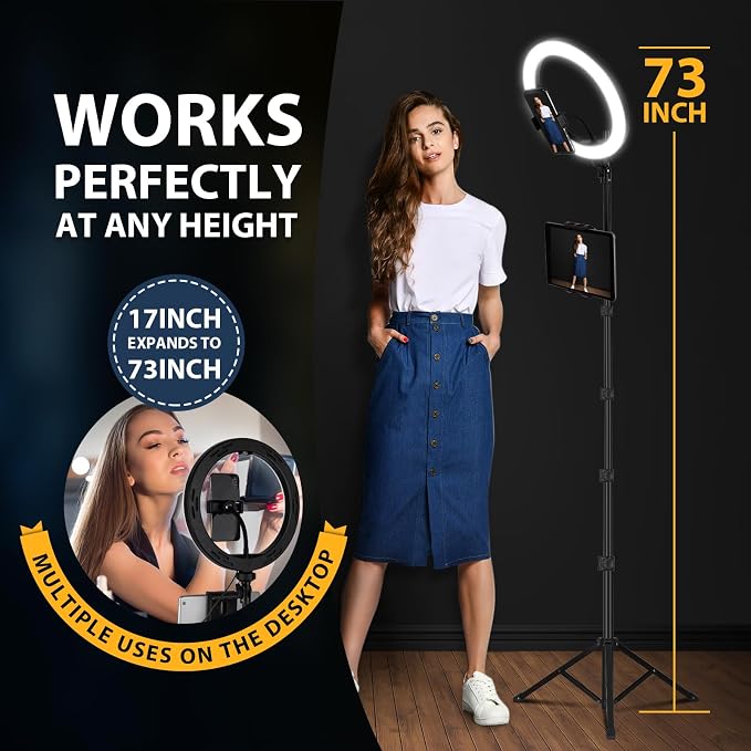 Ring Light with Stand and Phone Holder, 10'' LED Selfie Ring Light with Tripod (17''-73'') Bluetooth Remote for iPad/Tablet/Video Recording/Live Stream/Makeup/YouTube/Photography, 3 Color Modes
