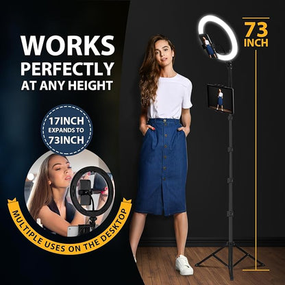Ring Light with Stand and Phone Holder, 10'' LED Selfie Ring Light with Tripod (17''-73'') Bluetooth Remote for iPad/Tablet/Video Recording/Live Stream/Makeup/YouTube/Photography, 3 Color Modes