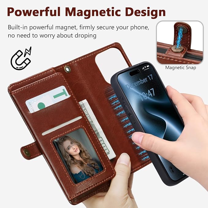 Wallet Case for iPhone 15 Pro Max with Card Holder/Crossbody Wallet/Strap| RFID Blocking | Magnetic | Kickstand | Detachable | PU Leather Phone Case for iPhone 15 Pro Max,6.7 in,Brown