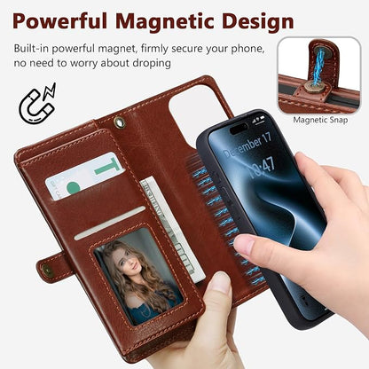 Wallet Case for iPhone 15 Pro Max with Card Holder/Crossbody Wallet/Strap| RFID Blocking | Magnetic | Kickstand | Detachable | PU Leather Phone Case for iPhone 15 Pro Max,6.7 in,Brown