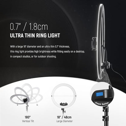 NEEWER RP18B Pro Ring Light 18" with Tripod Stand and Phone Holder Compatible with iPhone, 45W 2900K-7000K App Control Cleaning Cloth, Selfie Video Recording Makeup Studio Streaming Lighting, Black