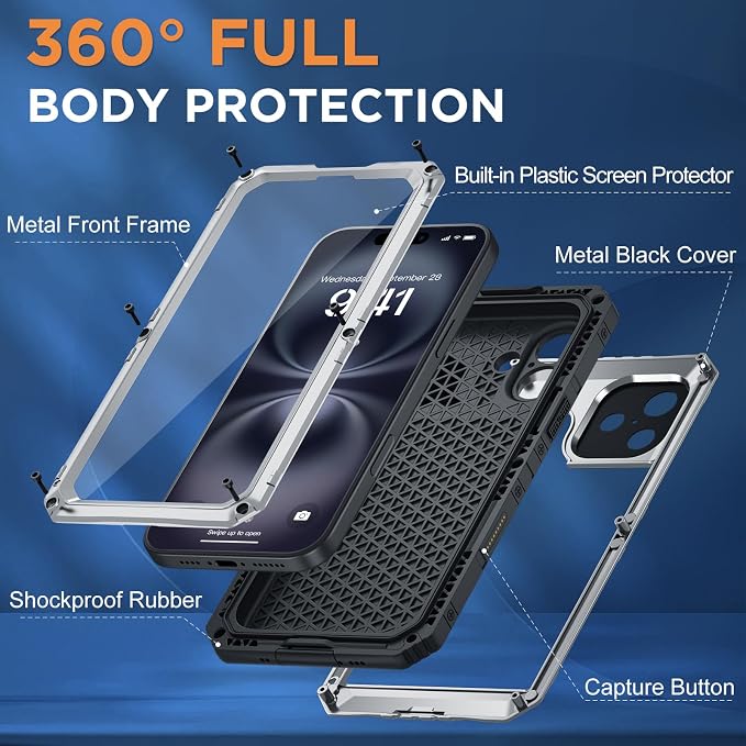 Beasyjoy for iPhone 16 Plus Case Waterproof, Metal Heavy Duty Full Body Protective Case with Built-in Screen Protector, Military Grade Shockproof Dustproof Cover for iPhone 16 Plus 6.7", Silver