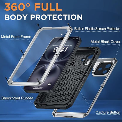 Beasyjoy for iPhone 16 Plus Case Waterproof, Metal Heavy Duty Full Body Protective Case with Built-in Screen Protector, Military Grade Shockproof Dustproof Cover for iPhone 16 Plus 6.7", Silver